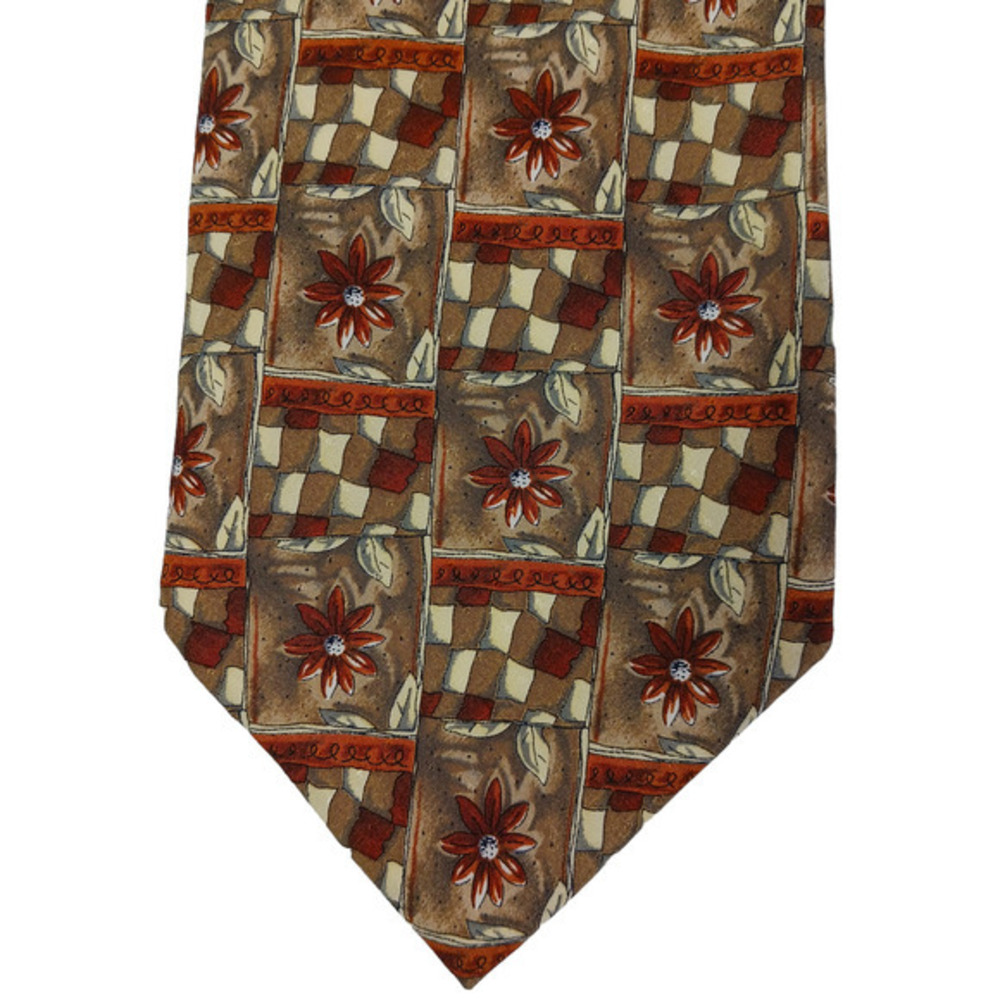 Vintage Escada Silk Neck Tie Made in Italy Brown Floral Geometric‎ 70s Designer